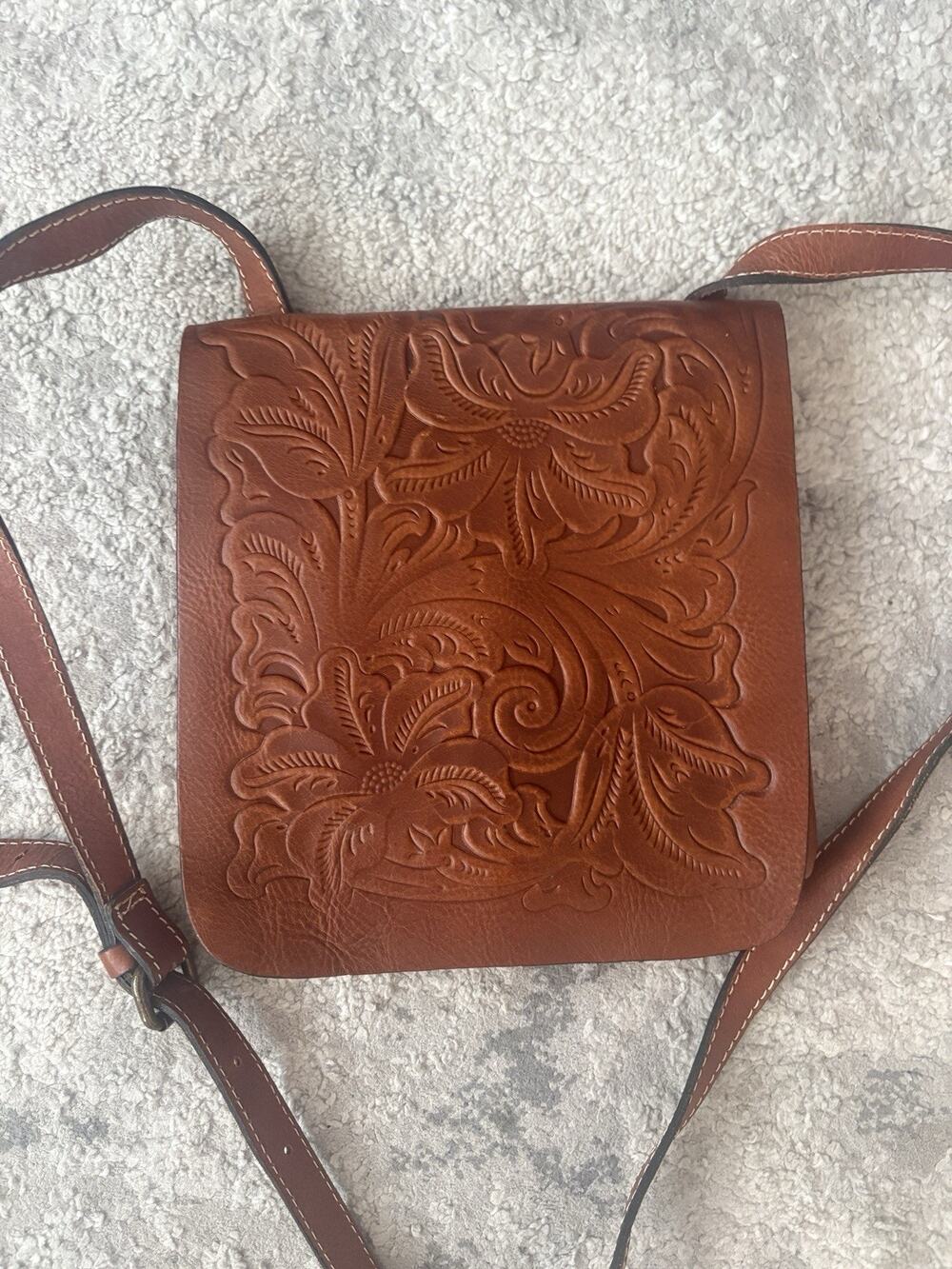 Patricia Nash Tooled Leather Crossbody Brown Floral Embossed Boho Western Bag